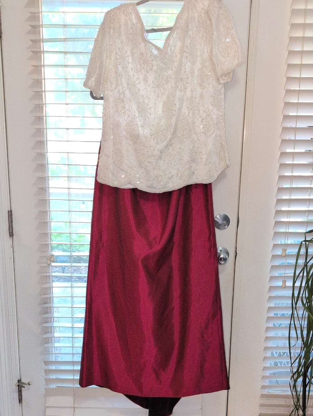 Sequin And pearl white Top Red Satin Skirt